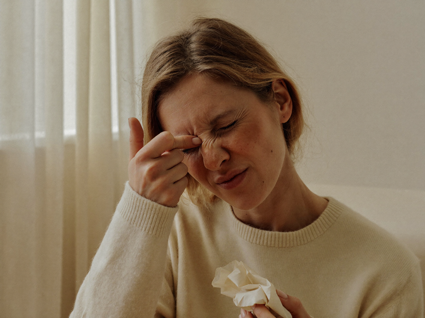 a woman at home pinching the bridge of her nose, blocked up and tired